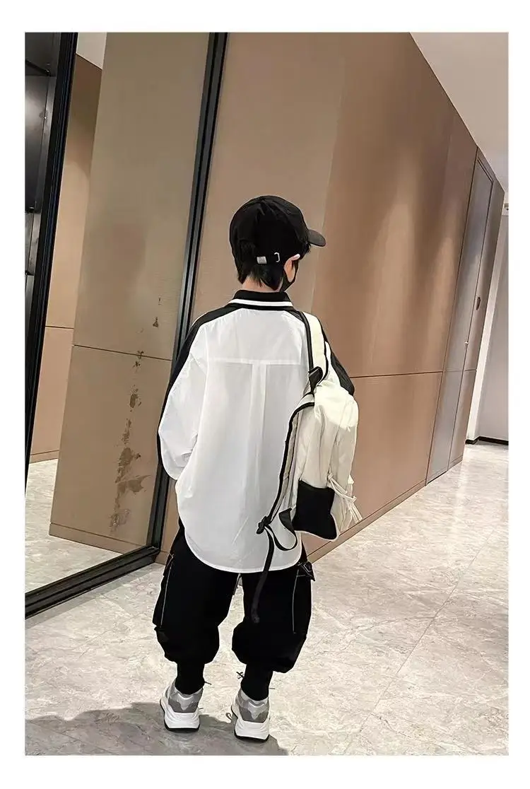 Teenage Clothes School Uniform Splice Boys Shirts White Long Sleeve Turn-down Collar Kids Shirt For Boys Children Tops