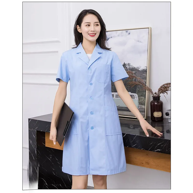 Verão Unisex Branco Lab Coat manga curta bolsos uniforme Wear Trabalho Doctor Nurse Clothing Mulheres Lapel Spot Laboratório Casaco