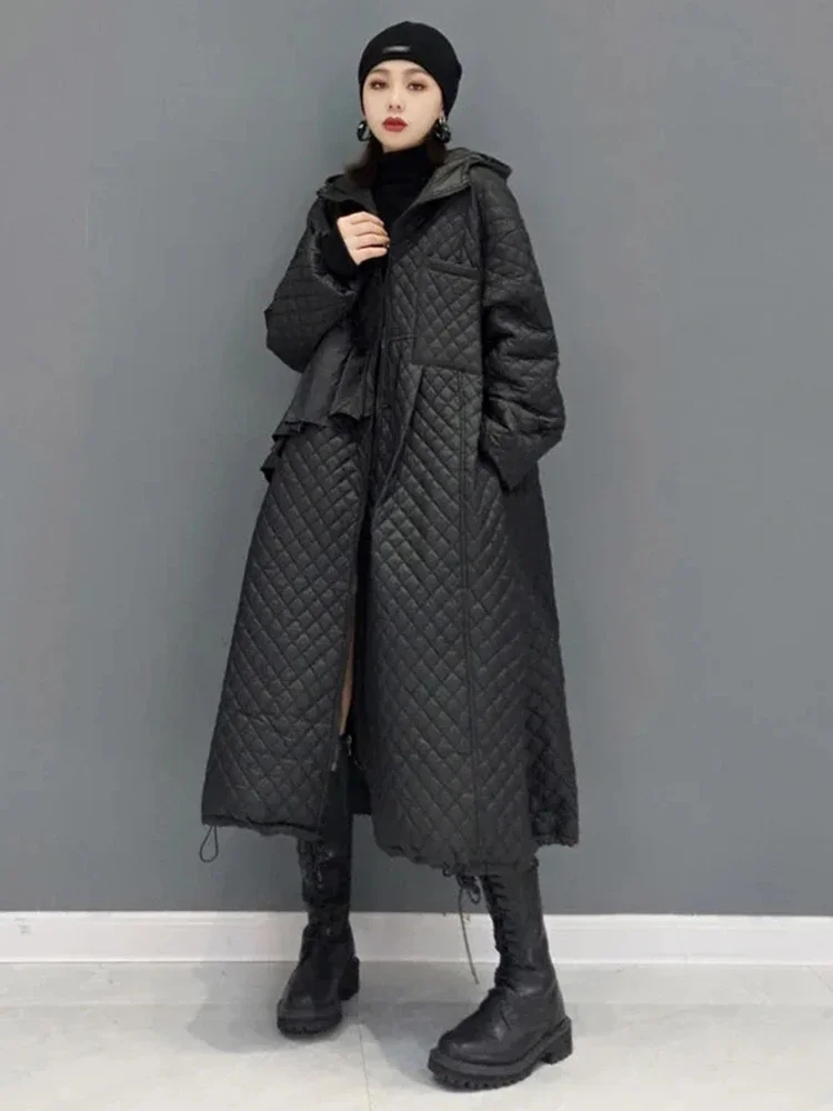 XITAO Hooded Parka Solid Color Long Large Size Diamond Lattice Zipper A-line Fashion Vintage All-match Keep Warm New JL0224