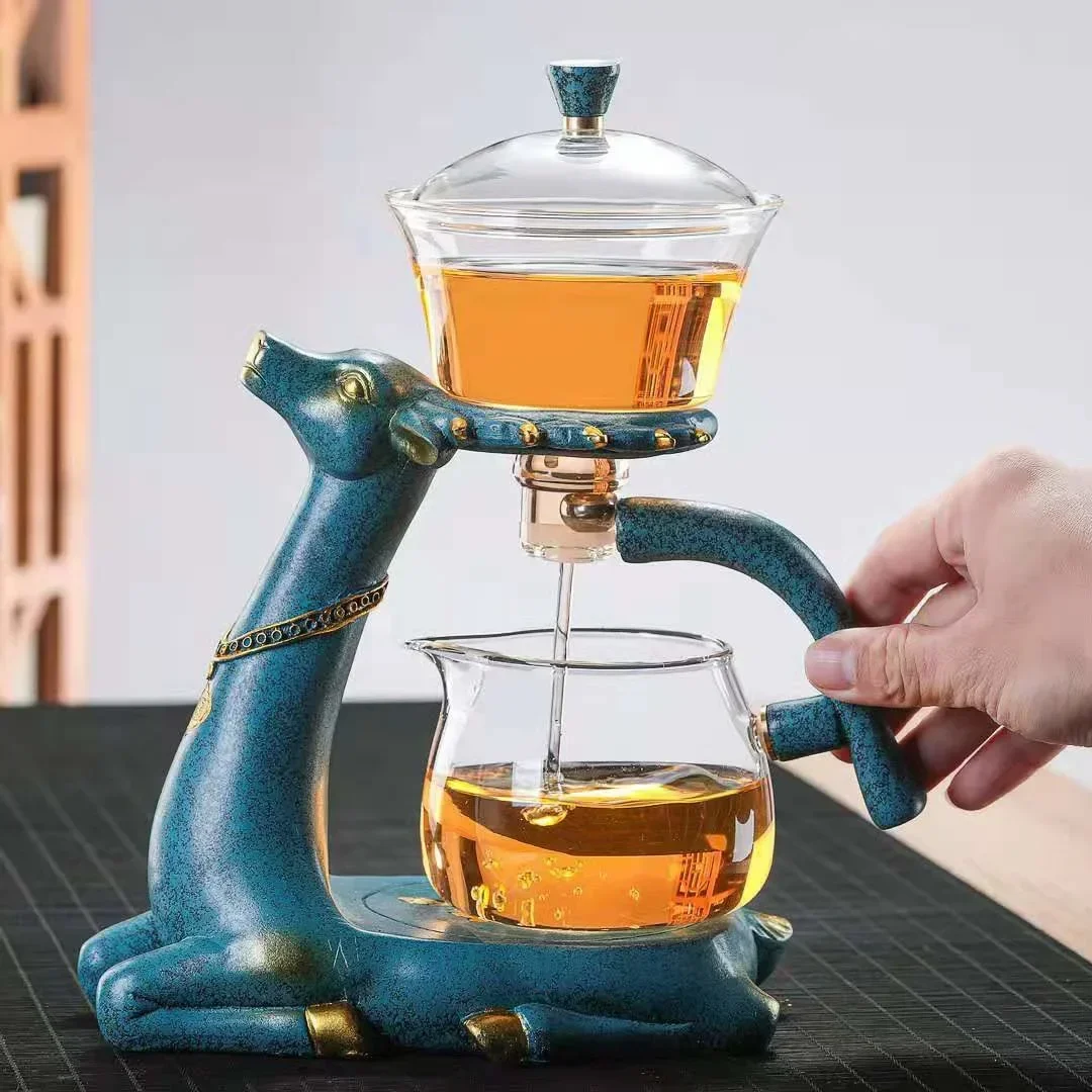 Full Automatic Deer Teapot Magnetic Diversion Rotating Cover Bowl Automatic Tea Maker Heatproof Glass Chinese Kungfu Teaware Set