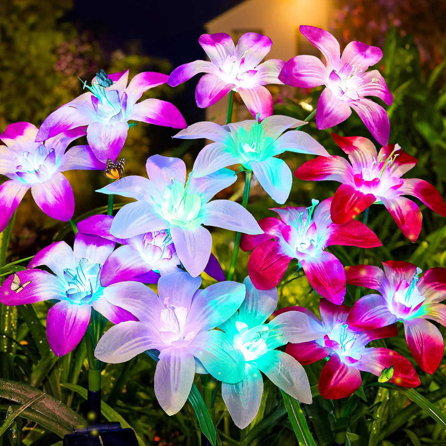 Upgraded Solar Lights 4-Pack | 24 RGB Blooming Lily + 7-Color Flower Lights | Yard/Patio Decor Gift