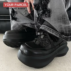 Thick soled 7CM raised leather shoes for men, black sports shoes for women, lightweight soft soled dad shoes for couples