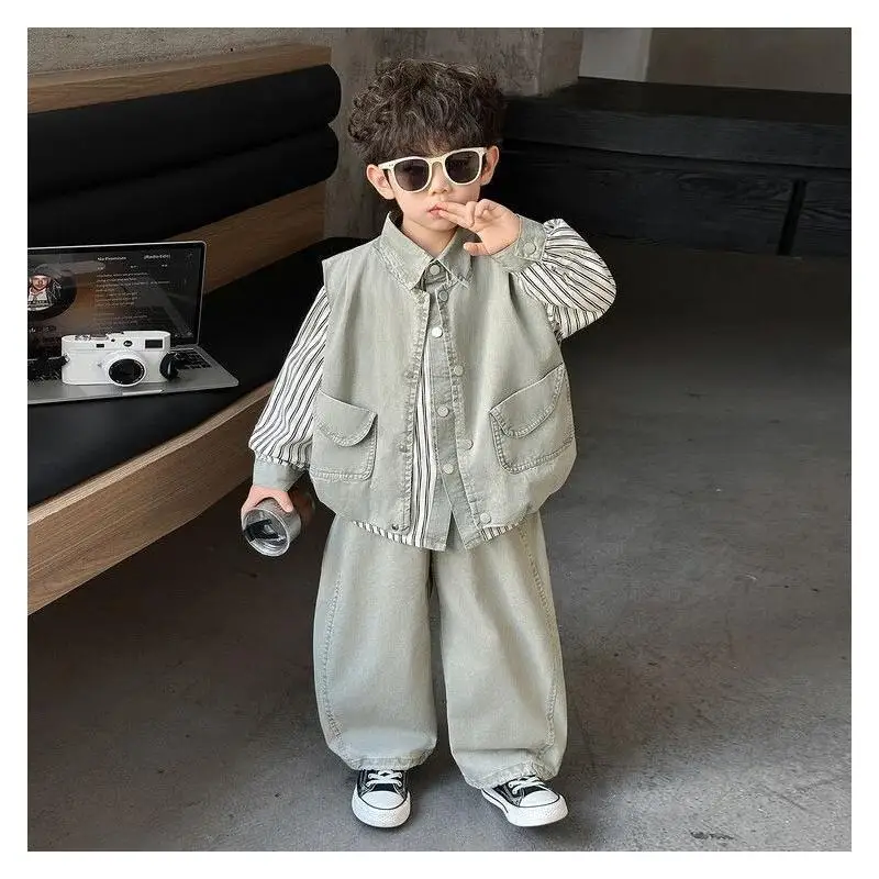 

Children's Clothing New Style Boys Spring Autumn Shirt Vest Three Piece Set Cotton Little Boys Casual Wear Korean Style Cool