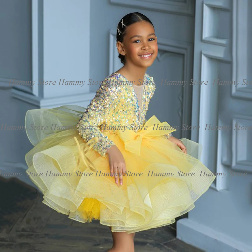 Vestido de lentejuelas amarillas para niña, manga larga, cuello redondo, lazo grande, vestidos de fiesta de cumpleaños, vestido de desfile para niño, vestido de Navidad