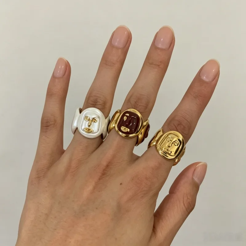 New Vintage Abstract Face Wide Band Rings for Women Ins Unique Enamel Drip Glaze Metal Statement Ring Stackable Finger Jewelry