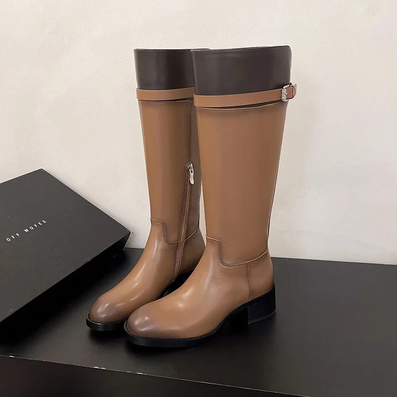 

Retro high-top knight boots 2025 winter new style slimming side zipper belt buckle mid-heel slim boots