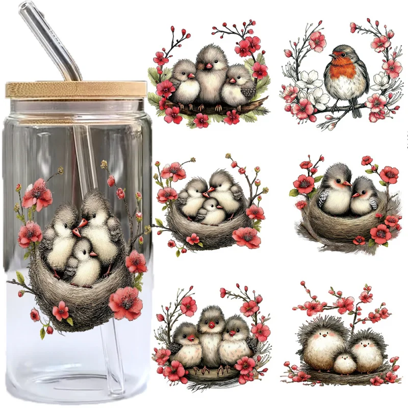 6Pcs Cute Baby Bird & Red Plum Blossom UV DTF Cup Wraps for 16oz Glass Can, Waterproof Floral Bird Transfer Stickers