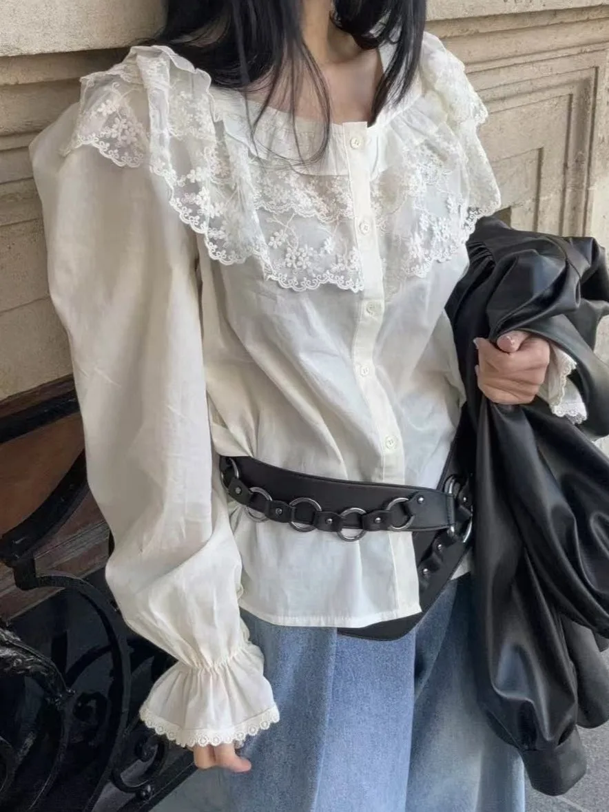 

Элегантная женская блузка с квадратным вырезом и кружевной отделкой, в корейском стиле, свободного кроя, с длинными рукавами-колокол, из хлопка