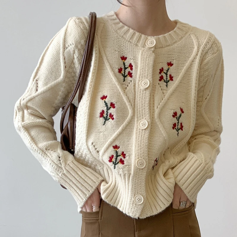 

Винтажный свитер с цветочной вышивкой, женский корейский осенний повседневный свободный вязаный кардиган с длинными рукавами, верхняя одежда, трикотажные топы Y2k, женский