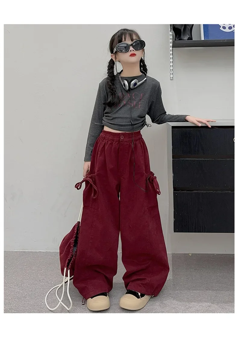 Girls Pants 2024 Autumn New Childrens Clothing Foreign Style American Style Cargo Wide-leg Pants Casual Simple and Daily image 6