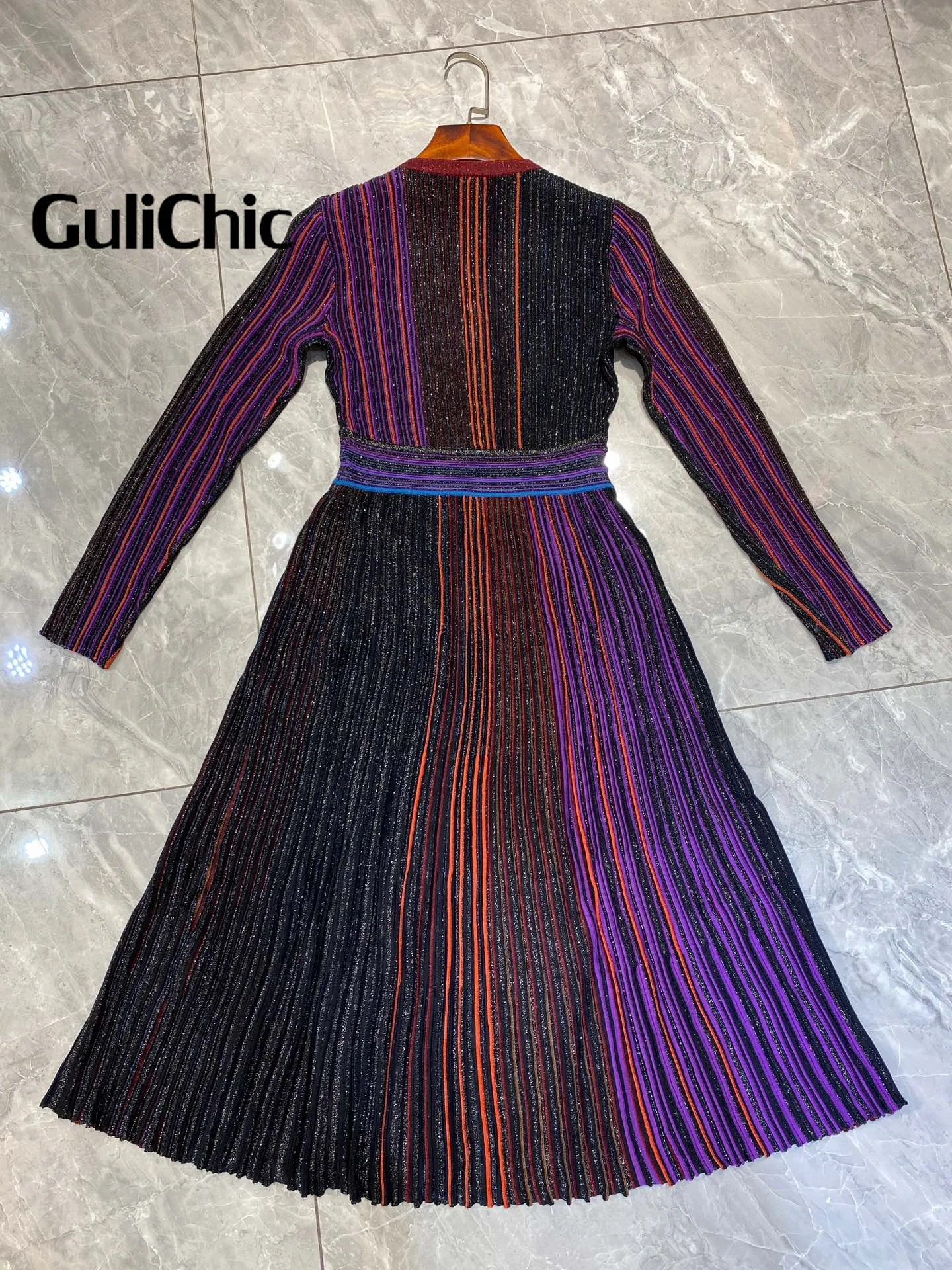 8.28 GuliChic Women Temperament V-Neck Colorful Striped Bright silk Design Collect Waist Slim Split Pleated Knit Dress