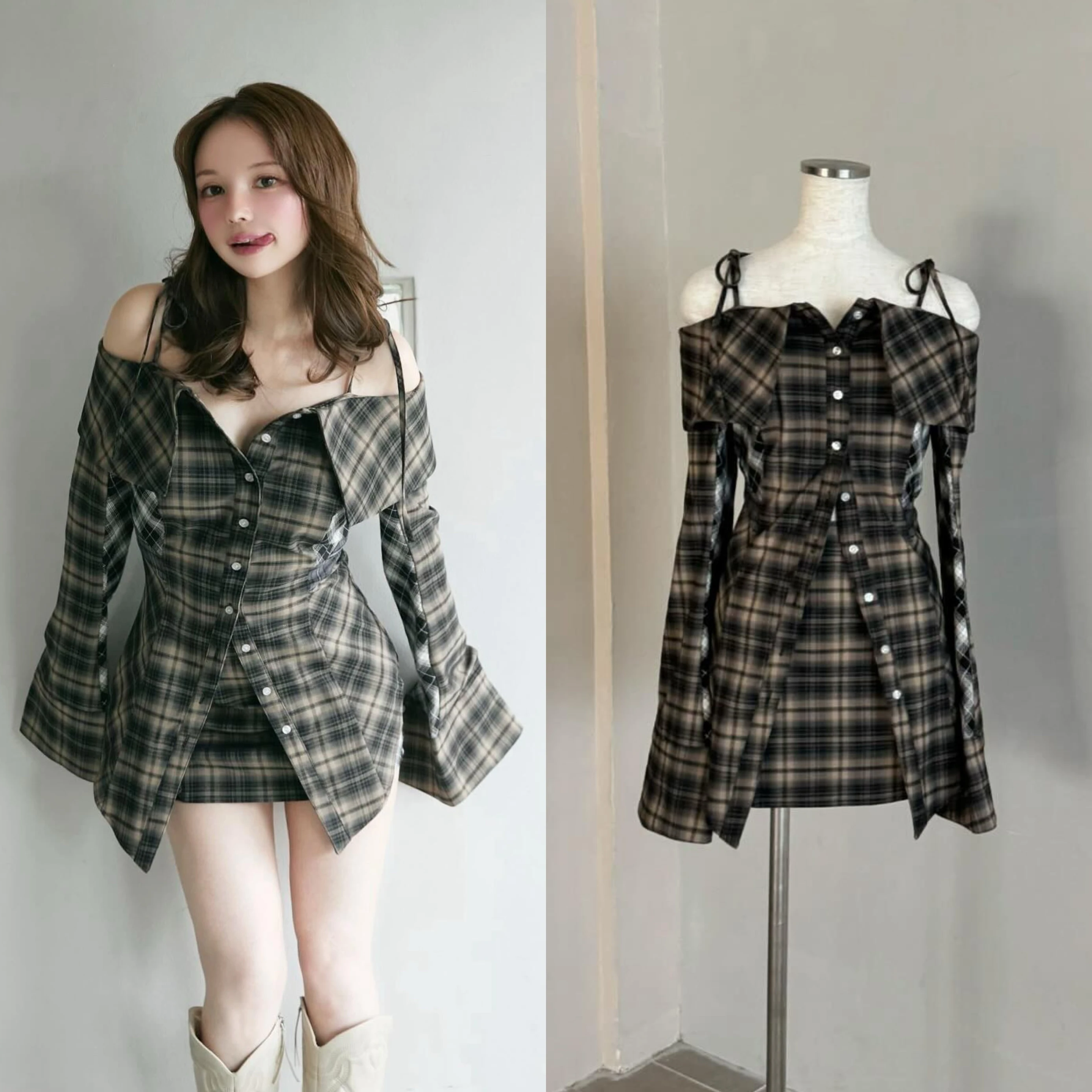 

Japanese Wind New Autumn Fashion Off Shoulder Long Sleeve Blouses Plaid Cardigans Top Mid-long Dress High Waist Slim Skirts