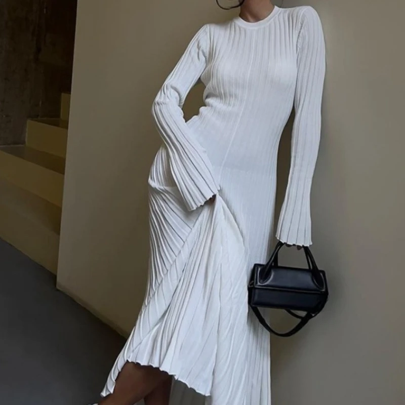 

Long Sleeve Round Neck Knit Dress 2025 Autumn and Winter Solid Color Sexy Tight Women's Banquet Sweater Skirt