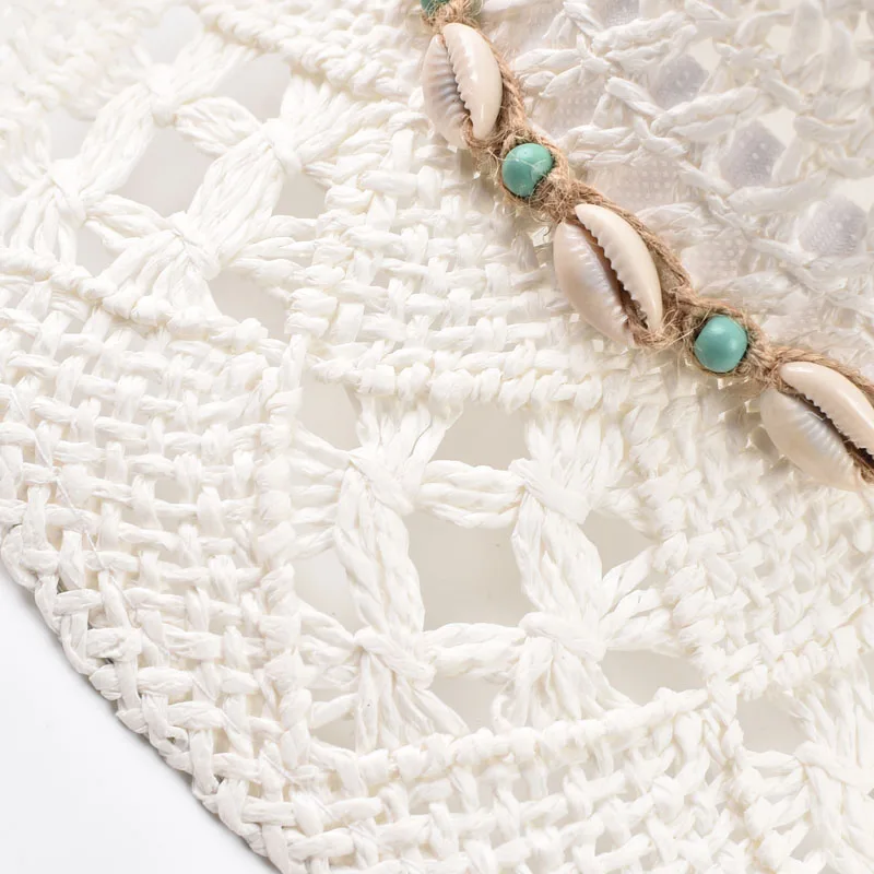 Strohhut für Damen, Sommerhut mit Muscheldekoration, Strandhut, ausgehöhlter Sonnenhut mit breiter Krempe, Chapeu Panama Feminino – Detail 8