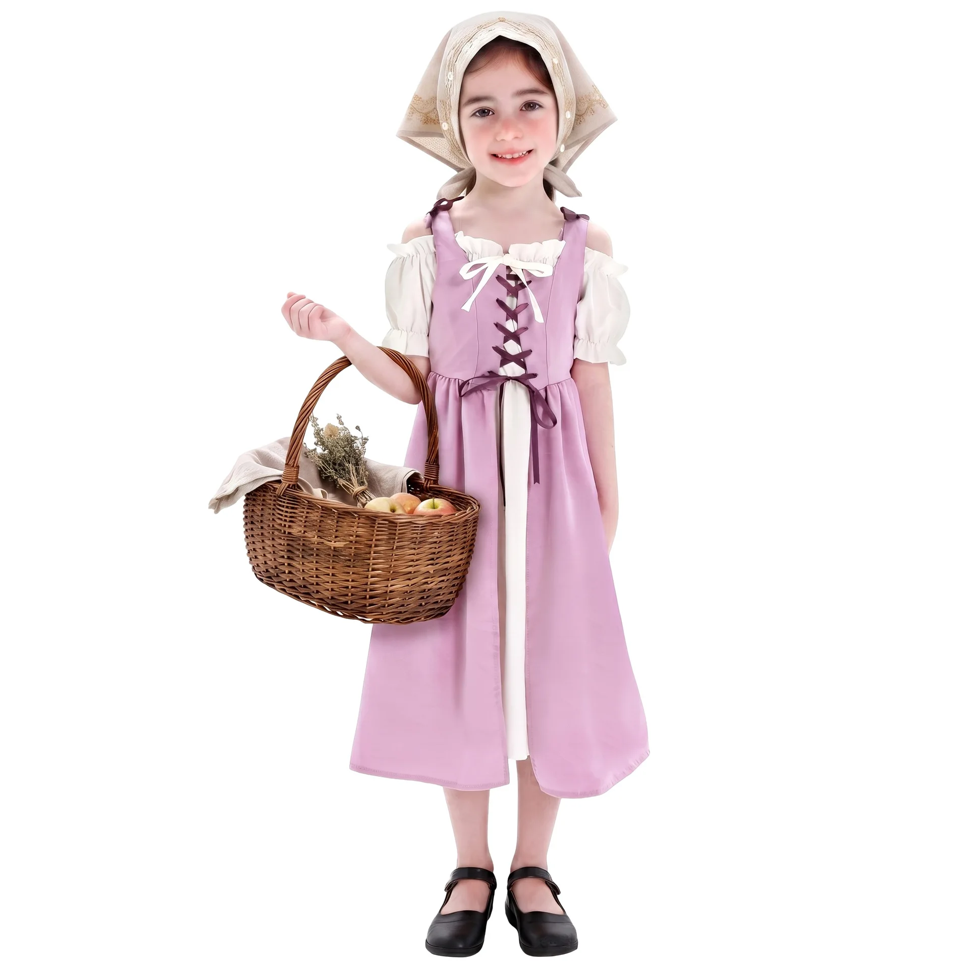 Kids Medieval Costume Girls Vintage Pastoral Dress Halloween Carnival Party Stage Performance Outfit Pastoral Farm Costume view 3