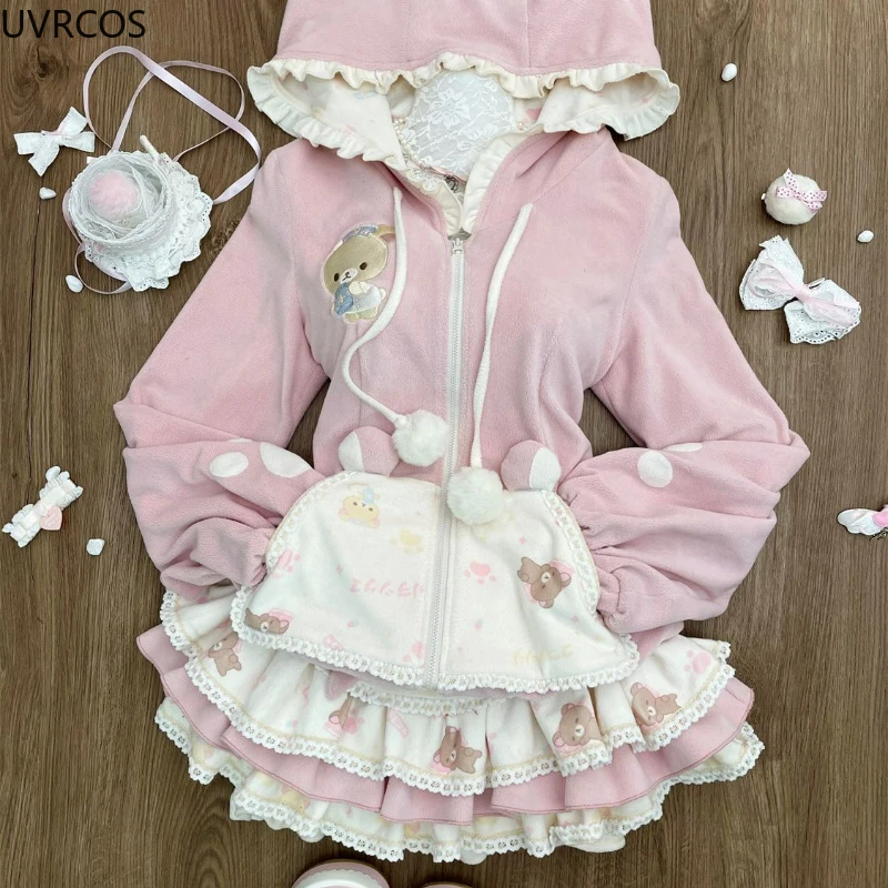 Pink Sweet Lolita Style Two Piece Sets Japanese Women Hooded Hoodie Coat Cartoon Bear Print Cake Skirt Kawaii Y2k Princess Suits