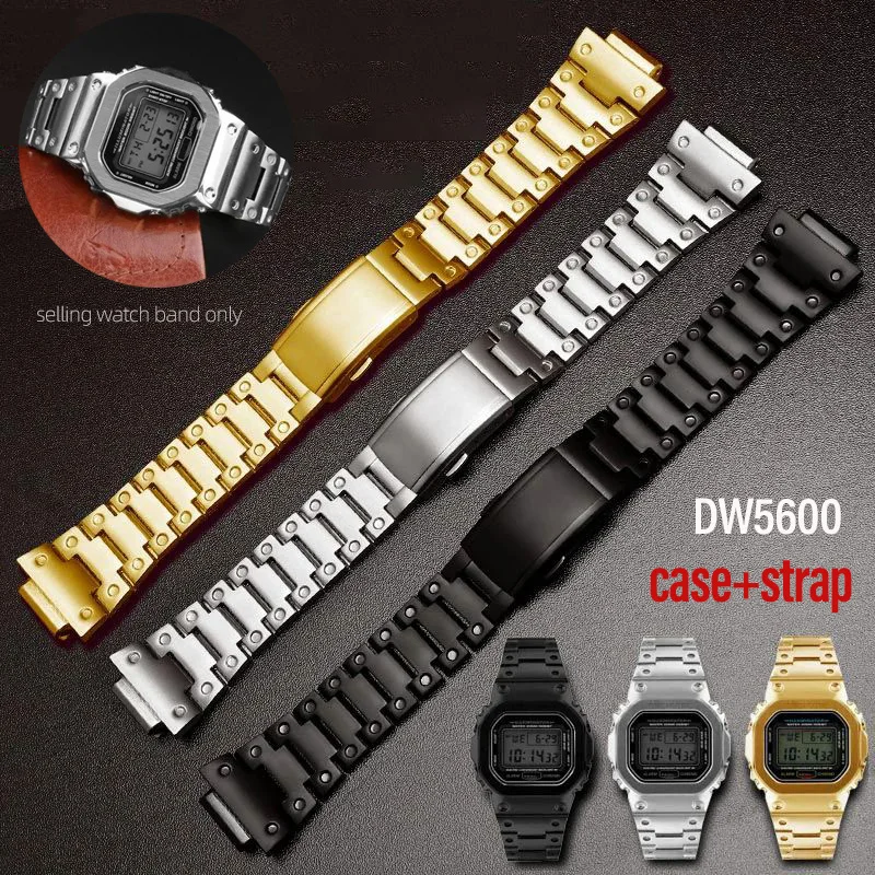 DW5600 Modified stainless steel watchband For Casio G-SHOCK DW-5600 GW-M5610/5000 GW-B5600 GWM5610 Silver metal watc case+strap