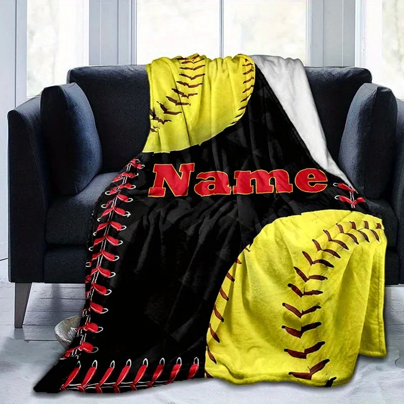 Personalized baseball name flannel blanket 100_ polyester, soft and warm, digital printing, suitable for all seasons
