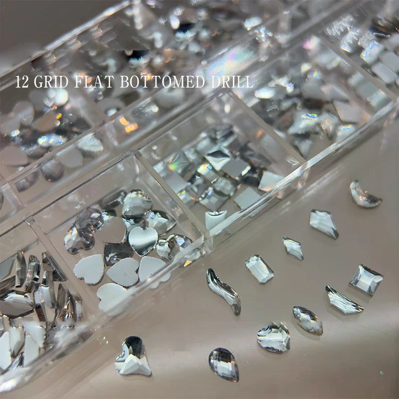 12 Siatek Kryształków Brokatowych z Płaskim Dnem, Geometryczne Nieregularne Ozdoby do Paznokci, Akcesoria do Manicure DIY