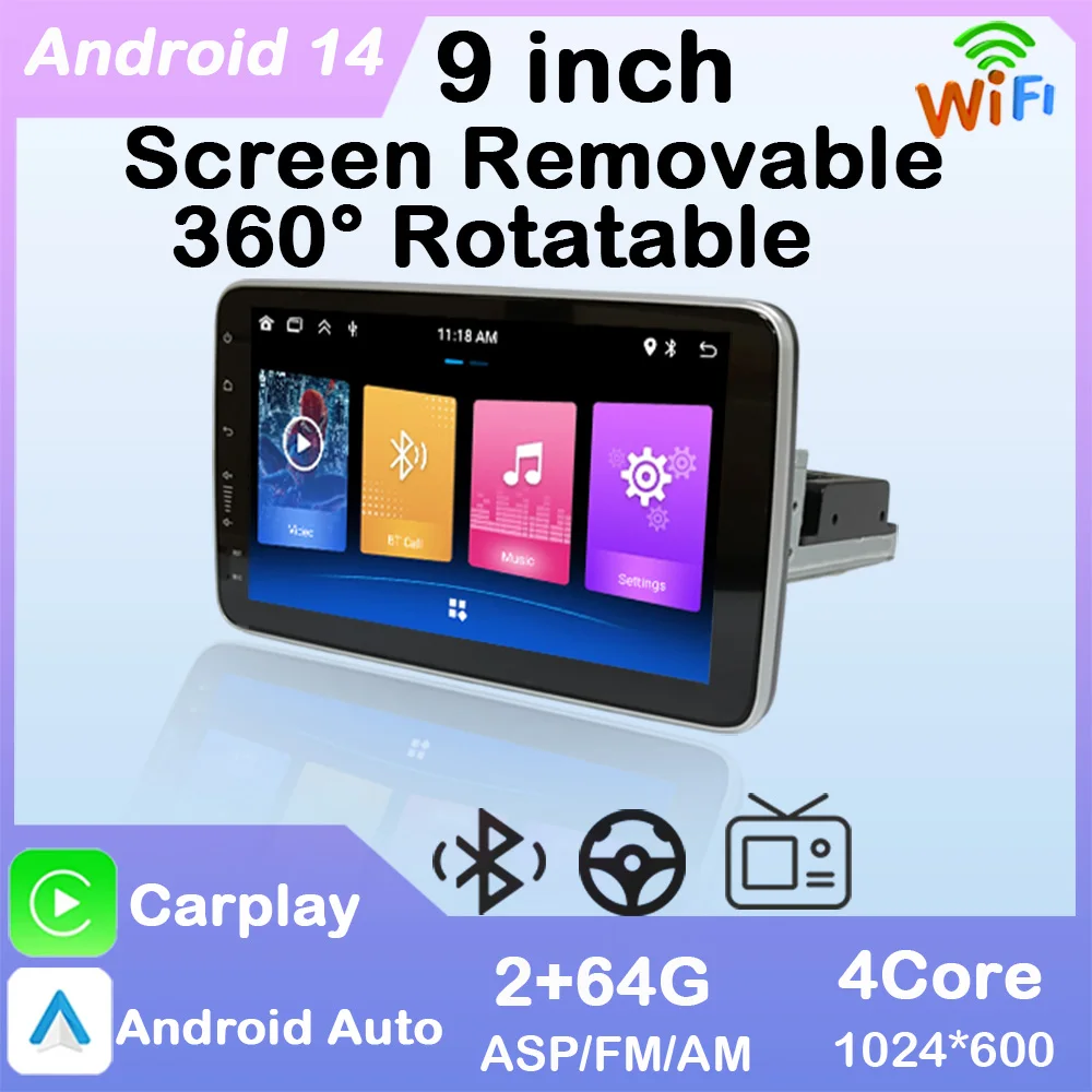 

9-дюймовый автомобильный радиоприемник 1 Din, беспроводной Carplay, Android, мультимедийный плеер, сенсорный экран, FM, Bluetooth, MirrorLink, универсальный автомобильный радиоприемник