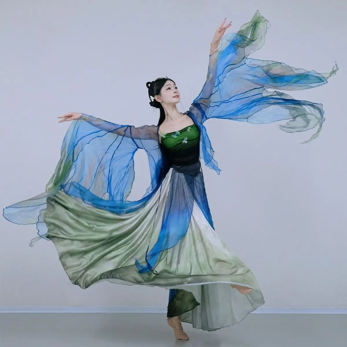 Butterfly Gradient Dance Dress - Ethereal Sheer Gown for Practice & Stage, New Chinese Classical Fairy Costume