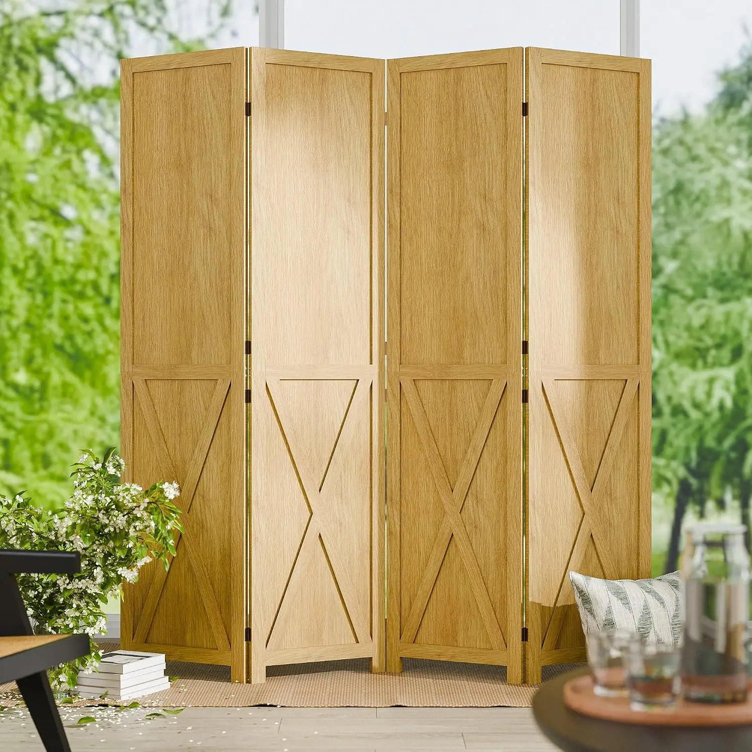 4 Panel Folding Room Divider, Solid Wood Privacy Screen, Freestanding Partition Wall, Temporary Wall for Home/Office/Bedroom/Res