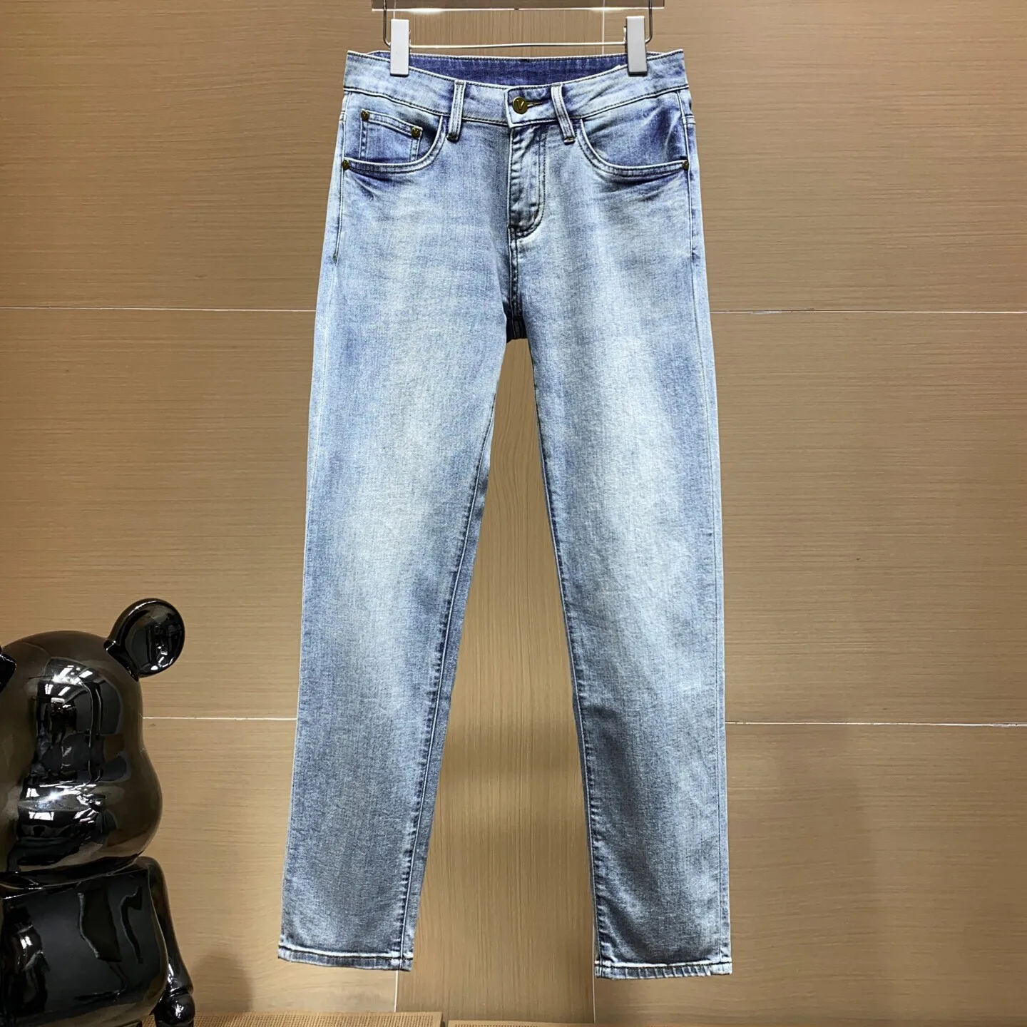 

Spring Summer Men's Slim Fit Straight Leg Jeans Versatile Waed Blue Faion Urban Sle mid Waist Dstring No Brand