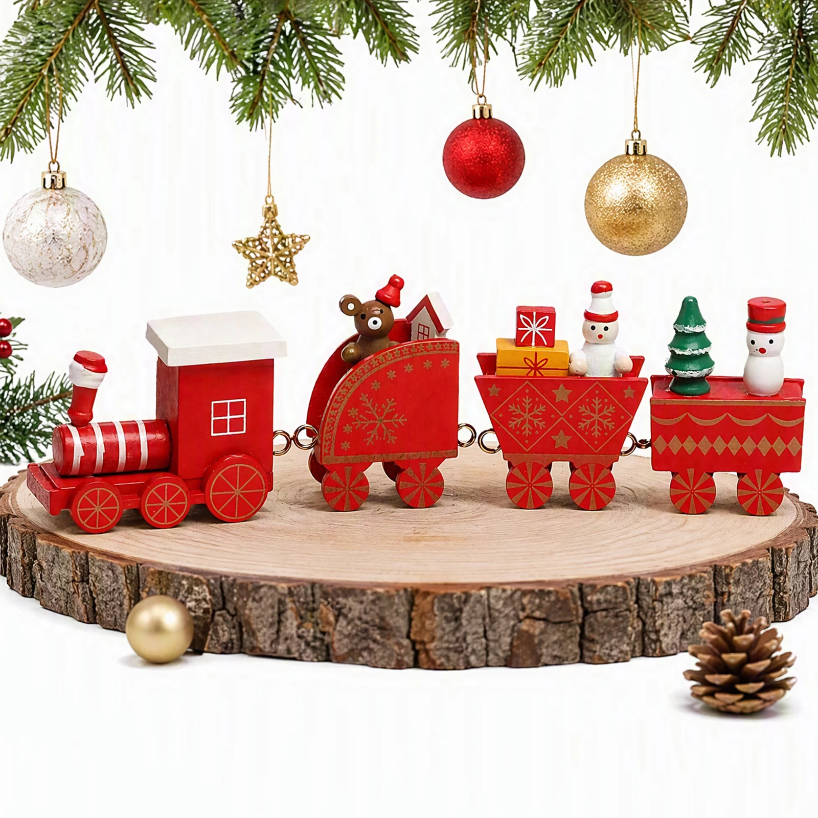Christmas Train Wooden Figurine 4-Car Desktop Holiday Ornament Festive Table Decor DIY Set