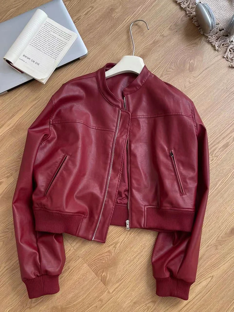 Jaqueta Feminina de Couro PU Vermelha Estilo Motociclista Acolchoada para Trabalho, Moda Primavera Outono, Casaco Elegante Feminino