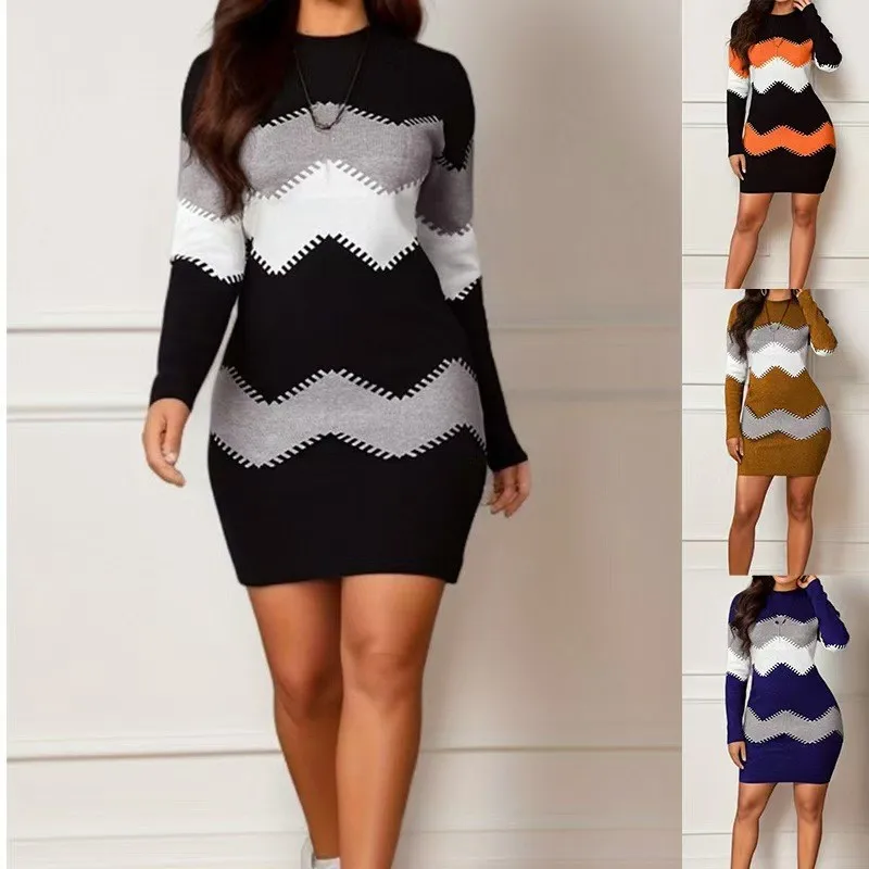 

Plus size casual dress women's striped knitted long sleeved round neck dress spring summer black style hip hugging mini skirt