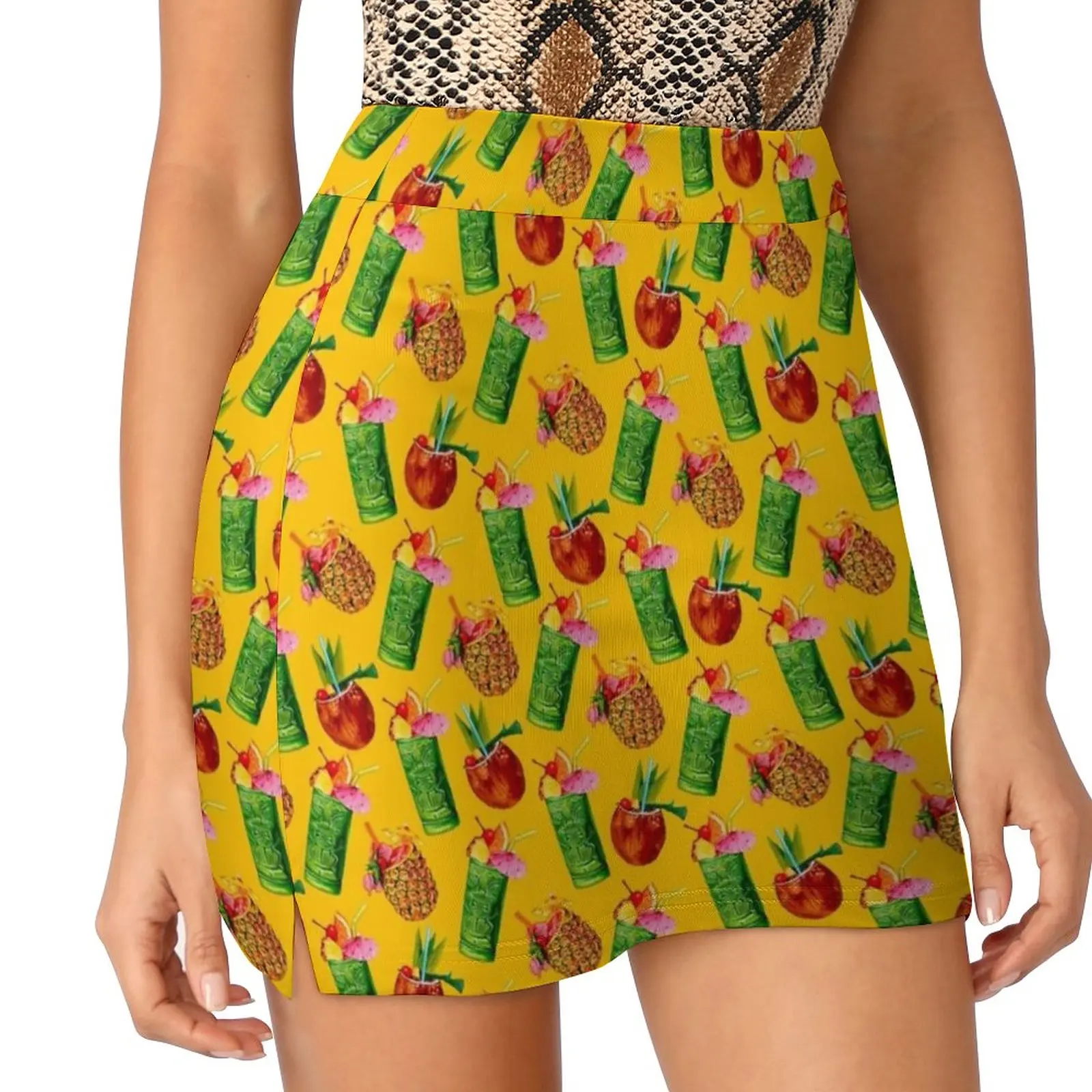 Tiki Cocktail Pattern-Yellow Skirts Woman Fashion 2022 Pant Skirt Mini Skirts Office Short Skirt Retro Tiki Cocktails Cocktail