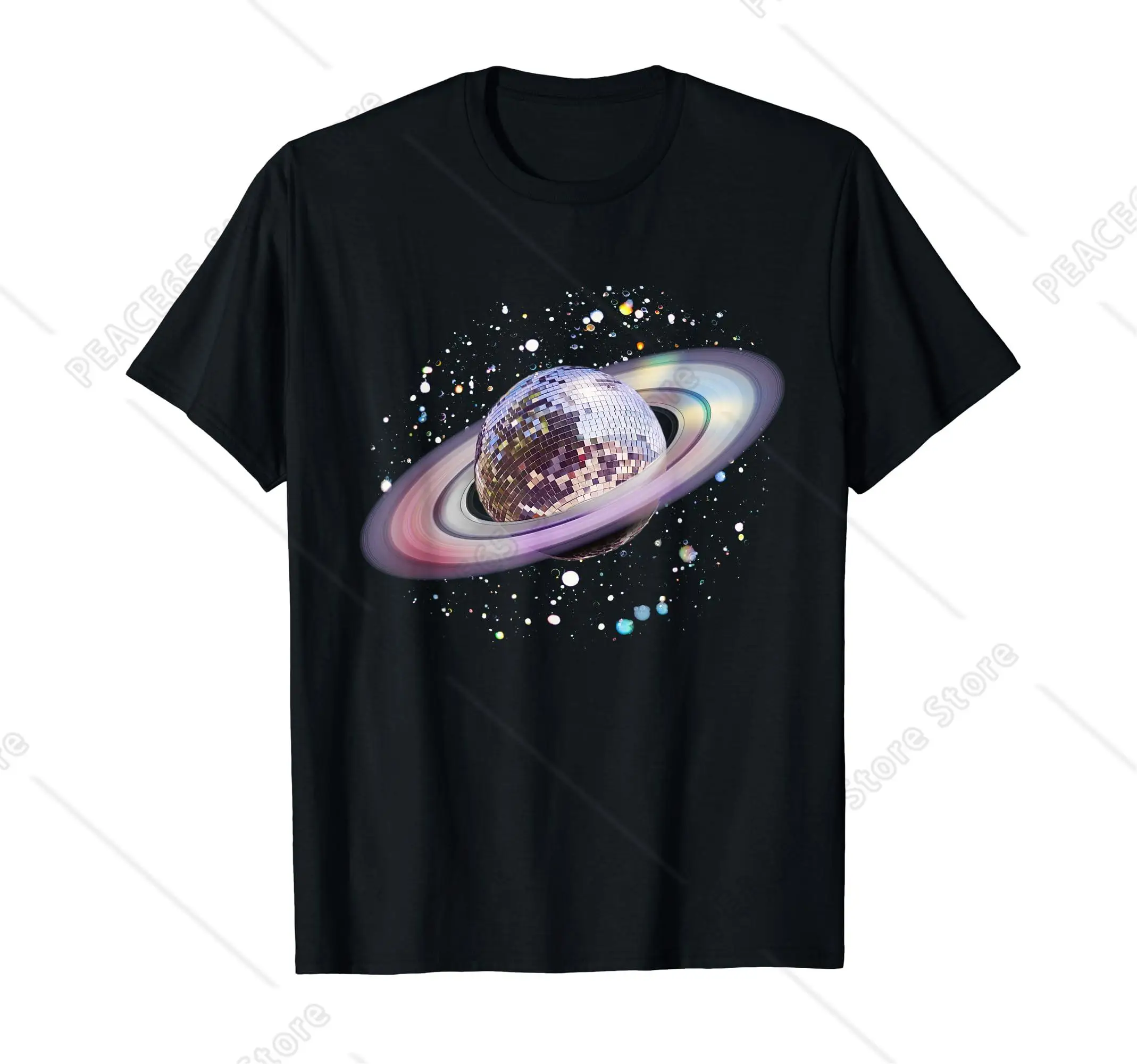 Disco Ball Saturn Rings, 70s Retro Club Vintage T-Shirt Men Women Teens Print Short Sleeve Casual Cotton T-Shirt For Outdoor