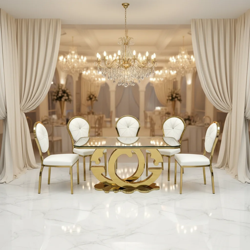 

&c Luxury Wedding Banquet Table with Gold Stainless Steel Base and Tempered Glass Top for Restaurants & Hotels