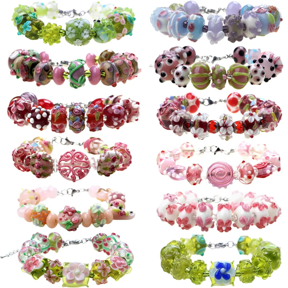 

Only Sell 1set!! Good Quality!! Pink+Purple+Green Spring!!! Pure Handmade Retro Lampwork Glass Beads For Charm Bracelets!