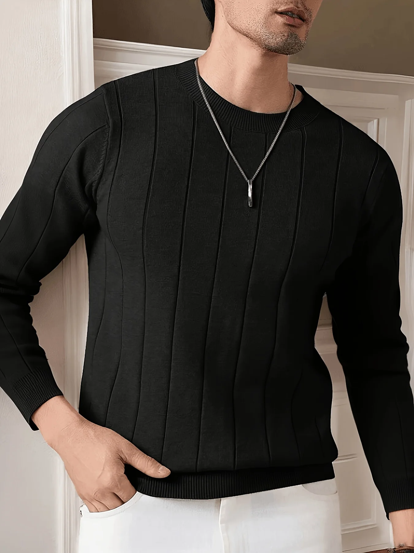Herren Schwarzer Strickpullover 2026 Herbst Winter Lässiger Gerippter Rundhals-Pullover Slim Fit Langarm-Jumper Top Modische Streetwear – Detail 7