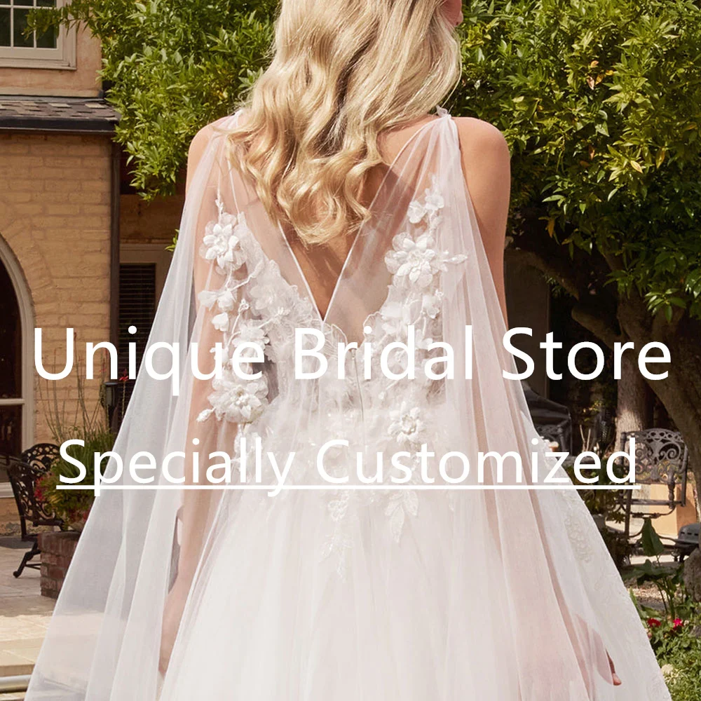 Customized Chic Tulle Bridal Gown Spaghetti Strap Applique V-Neck Vestido De Noiva Backless Back Zipper Lace Classic A-Line Wedd