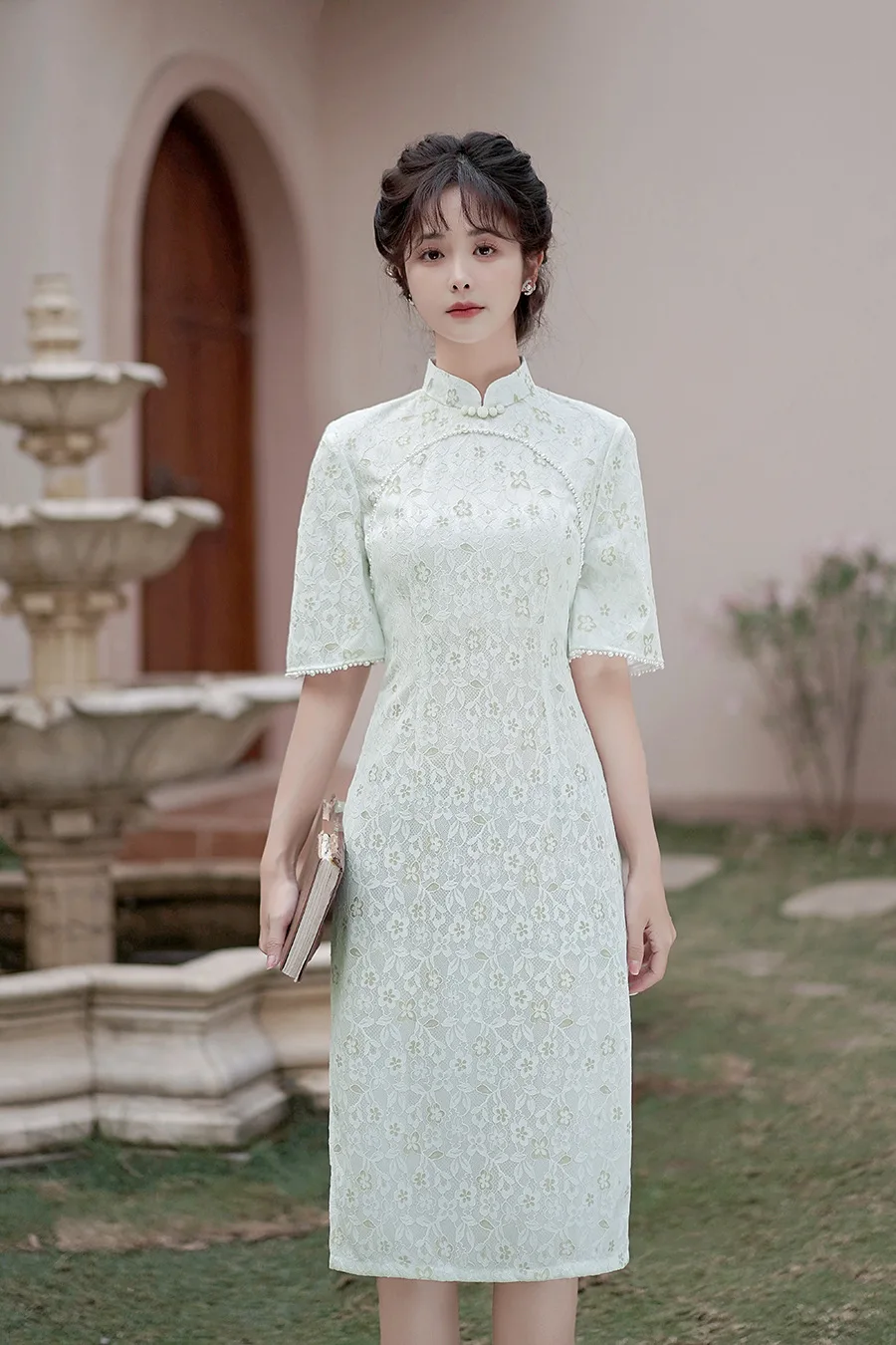 

2023 Beige Green Women Lace Cheongsam Half Sleeve Chinese Style Vintage Dress Office Lady Elegant Dresses S To 3XL