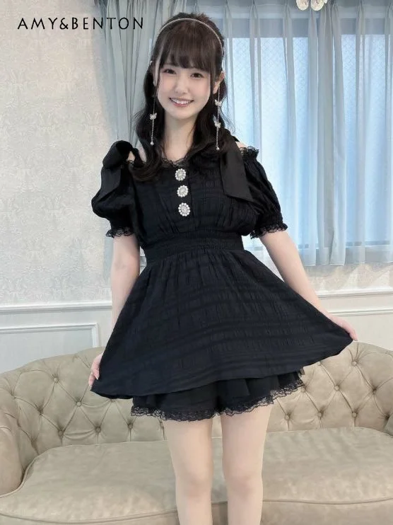 

Japanese Sweet Off-Shoulder Lace-up Bow Square Diamond Puff Sleeve Mini Dress Summer Mine Series Mass-Produced Slim A-line Dress