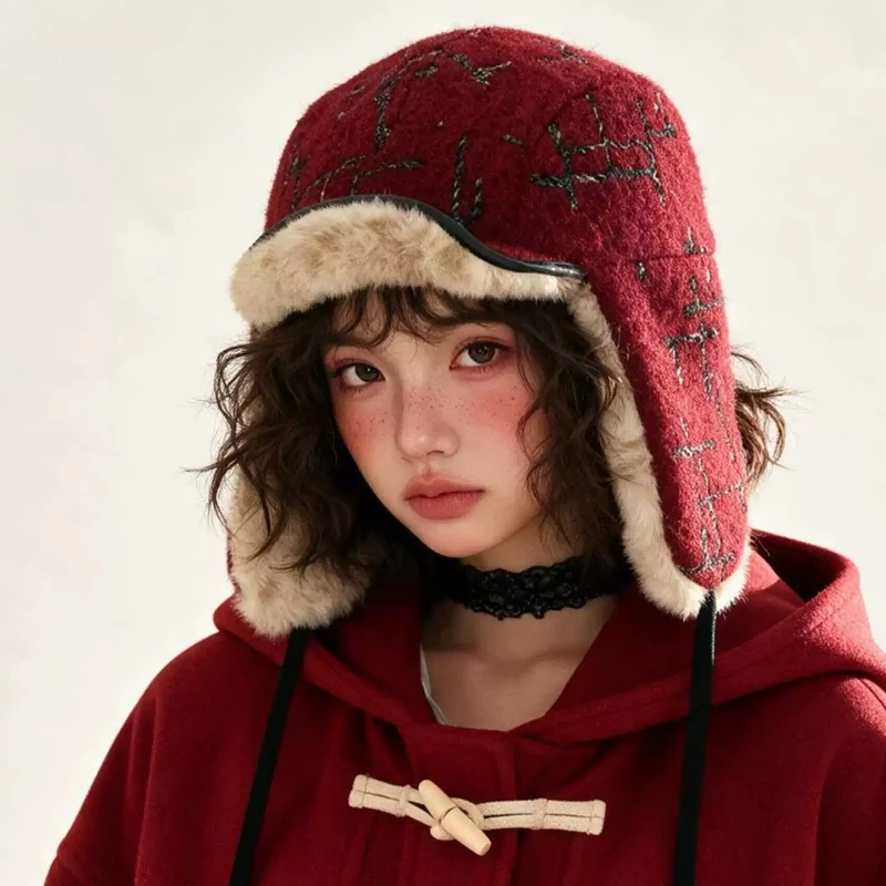 Vintage Red Textured Plaid Trapper Hats for Women Faux Fur Lined Ear Protection Bomebr Hat Winter Windproof Cycling Ski Cap
