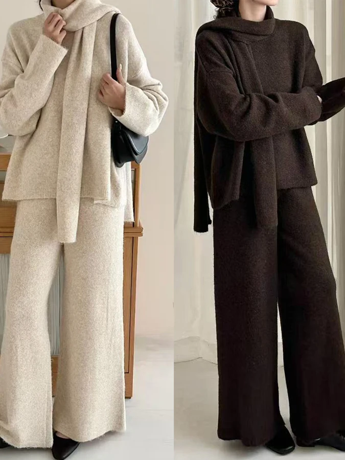 

Retro Lazy Sle Loose Knitted Sweater Scarf And Wide Leg Pants Autumn Faion Tee Piece Set for Women Winter Casual Wear