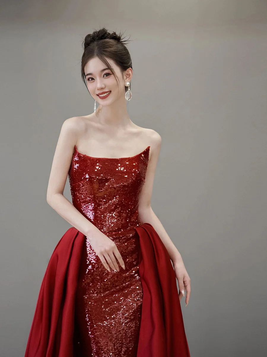 Modern Style Red Strapless Mermaid Side Split Prom Dresses Glitter Sequin Court Train Slim Fit Evening Banquet Party Dresses