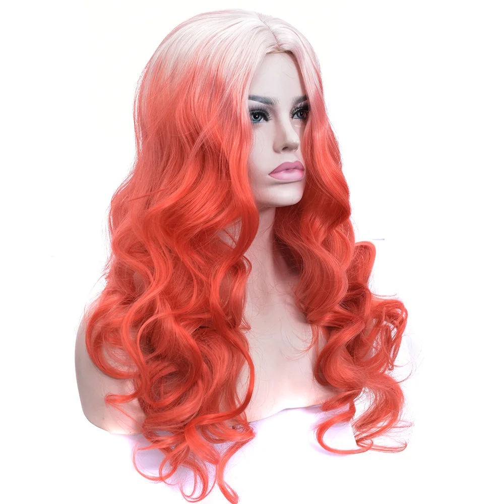 

Wig women's white gradient red dyed long curly hair synthetic rose mesh hood