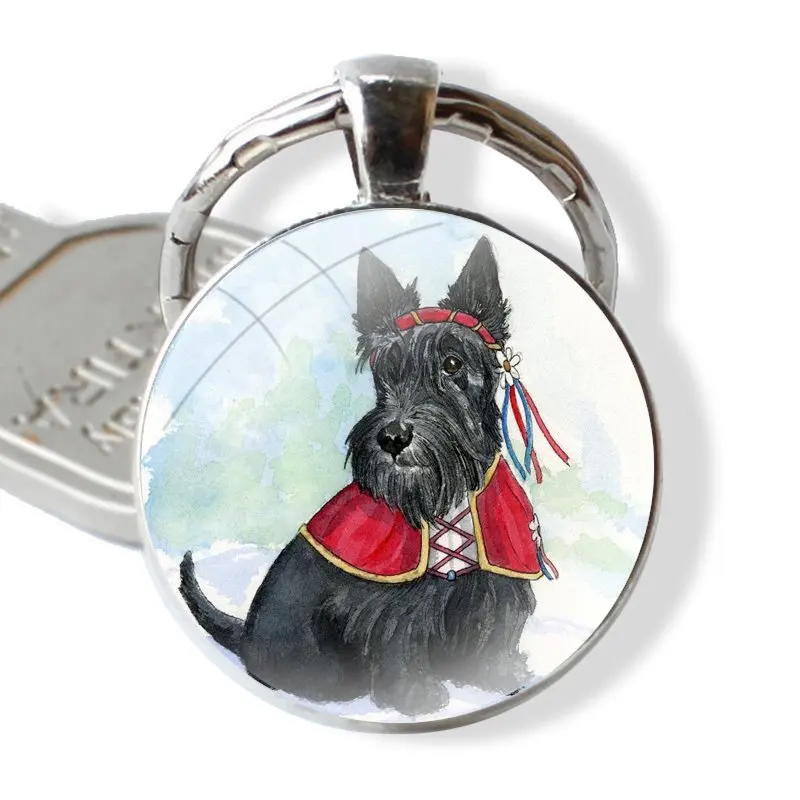 Keychain Handmade Glass Cabochon Key Ring Holder Pendant Key Chains Black Scottish Terrier Dog Puppy Pattern