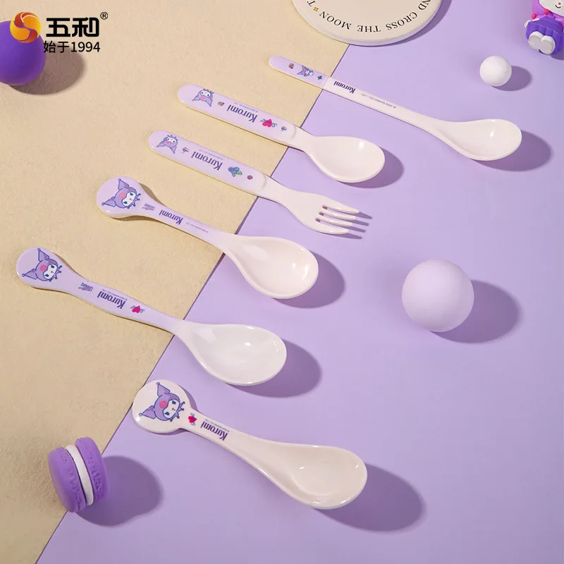 Kawaii Sanrio Kuromi Tableware Children's Spoon Rice Spoon Meal Spoon Fork Anti Drop Anti Scald Smooth Easy Clean Gift For Girs