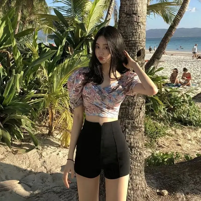 Black High-Waist Elastic Women's Shorts Summer Outdoor Wear Sexy Slimming Hot Pants Korean Style Wide Leg Casual Shorts