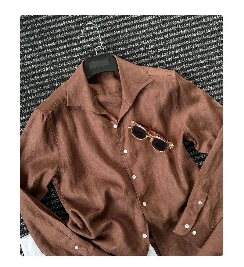 

Классическая мужская рубашка из 100% льна в стиле old money с длинным рукавом и цельным воротником, премиум-класса