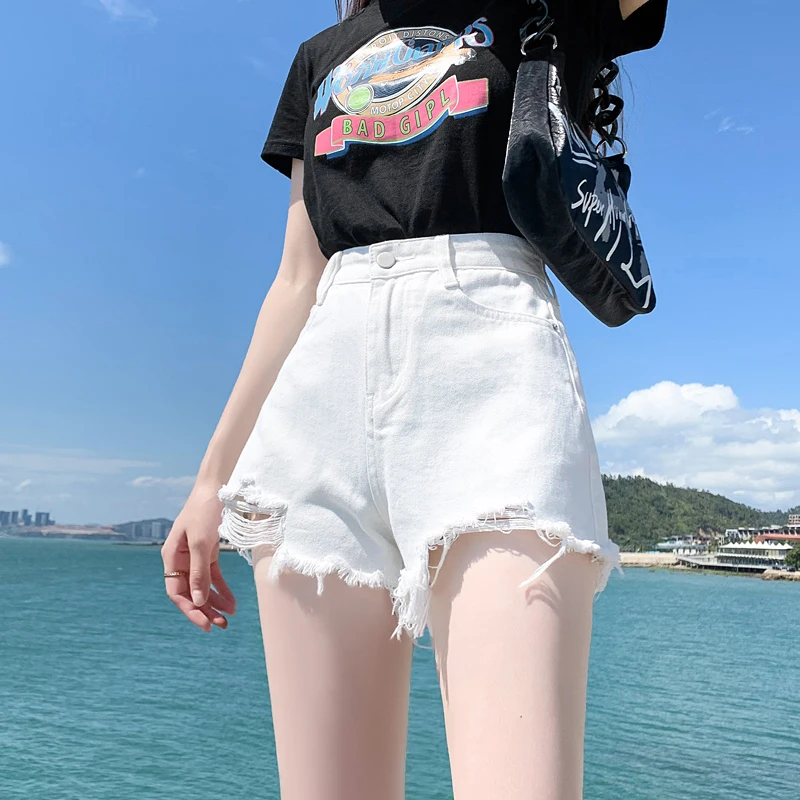 

High Waist White Denim Shorts Women's Summer Thin Style Student Fashion Ripped Hot Pants Wide Leg Pants with Zipper Closure