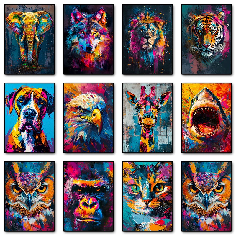 추상 낙서 사자 독수리 늑대 호랑이 다채로운 동물 포스터 인쇄 캔버스 회화 벽 예술 그림 거실 홈 장식