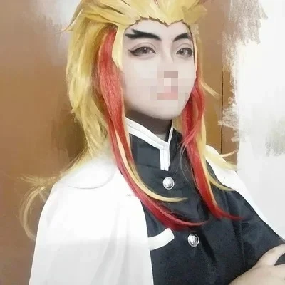 Rengoku kyoujurou peruca kimetsu não yaiba cosplay vermelho amarelo misturado resistente ao calor cabelo sintético role play perucas de fantasia de halloween