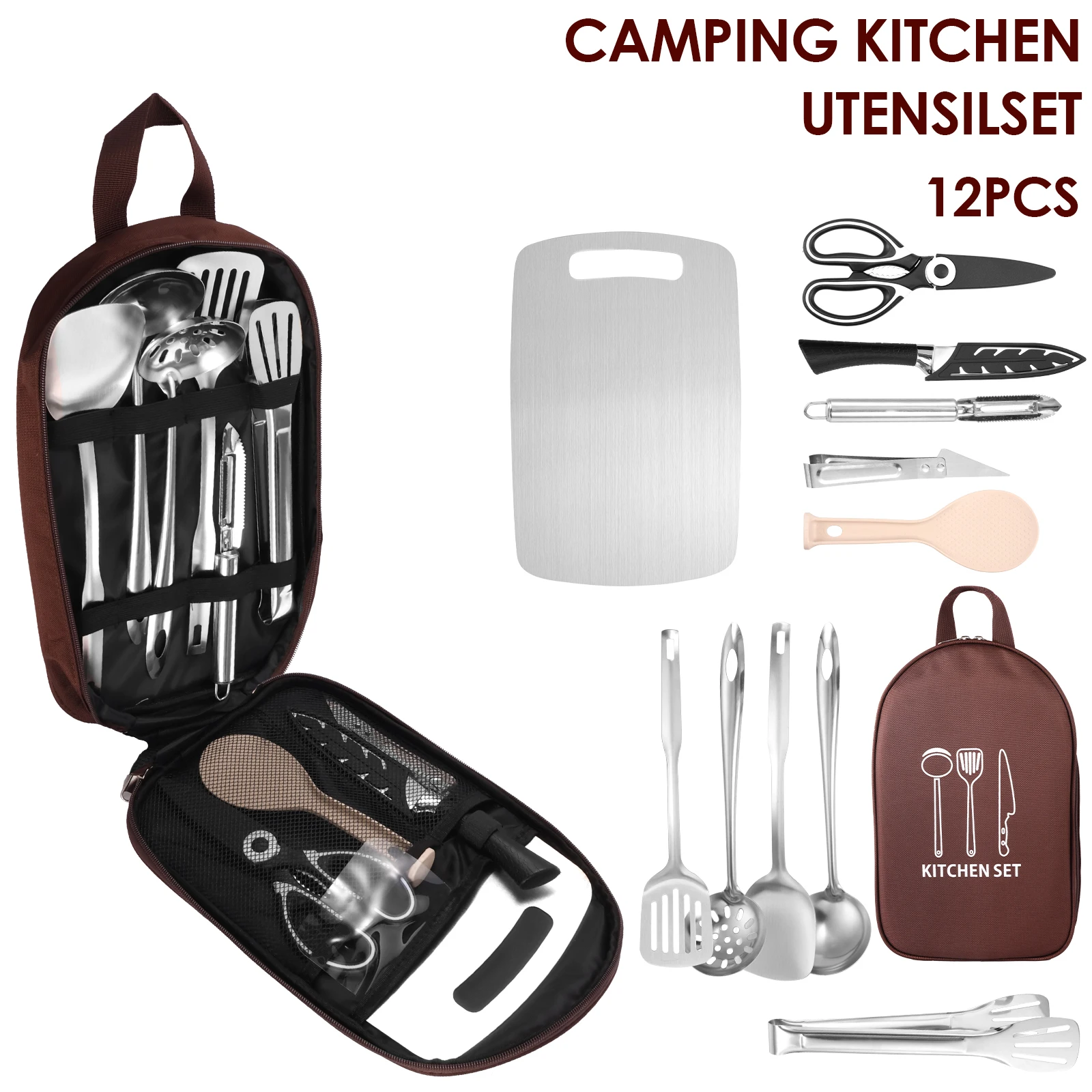 Camping Cooking And Eating Set - 12Pcs Outdoor Camping Cutlery Kitchen Cookware